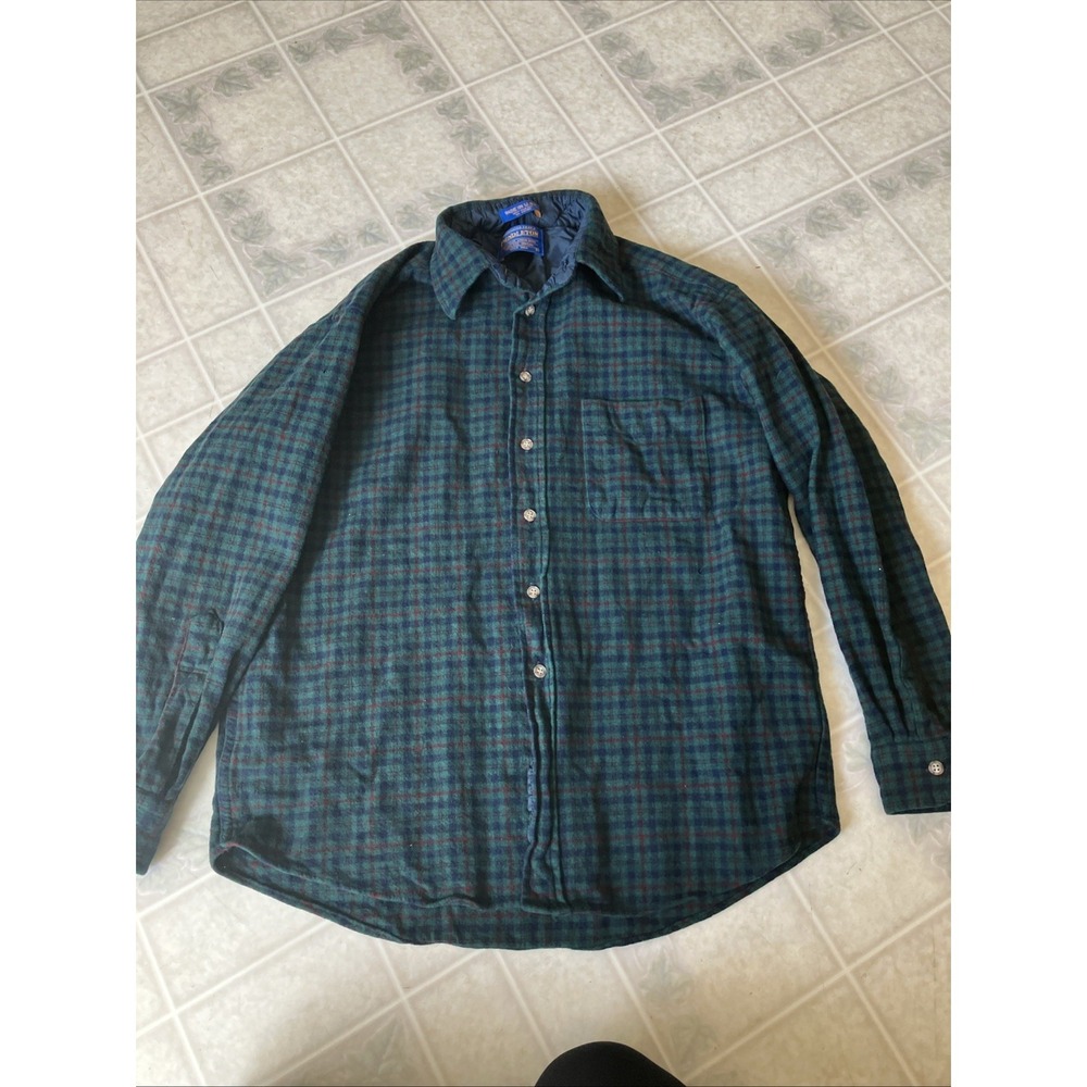 Vintage Pendleton Wool Flannel Shirt‎ USA Plaid Button Up Men's Large Green Blue